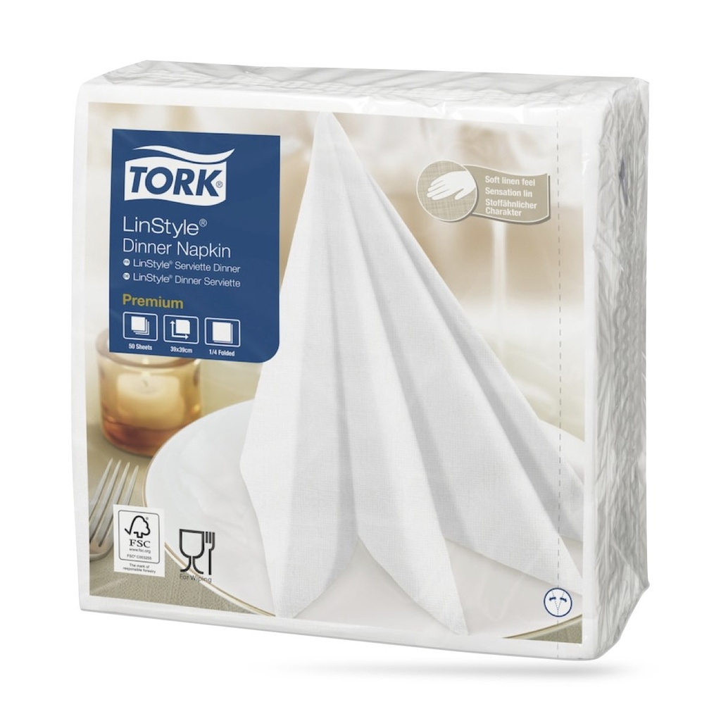 Tork LinStyle textilhatású szalvéta 39 x 39 cm-es 1 r. 50 lapos fehér 