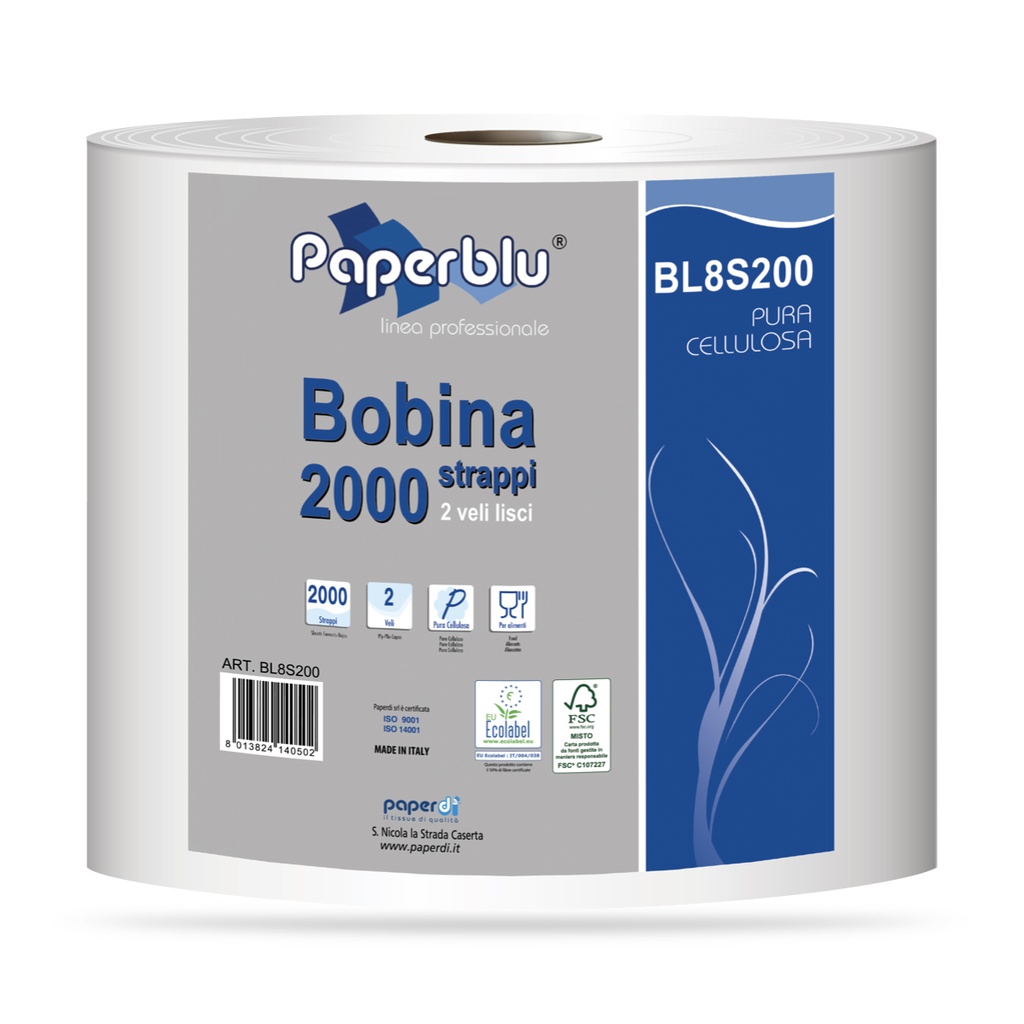 [BI8S200] Paperblu Industrial tekercses törlő 2000 lapos 2 rétegű fehér