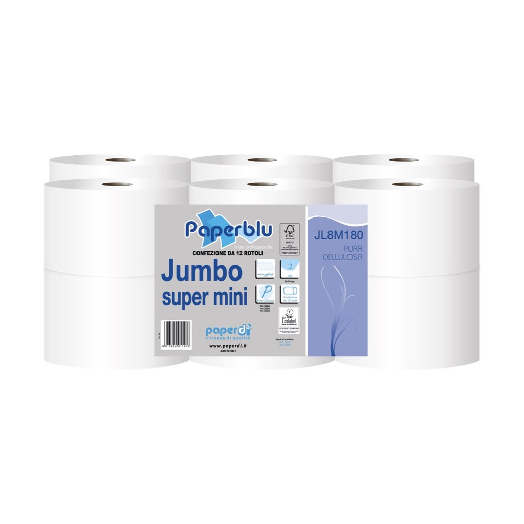 [JL8M180F] Paperblu Mini jumbo toalettpapír soft 12 x 180 méteres 2 rétegű fehér