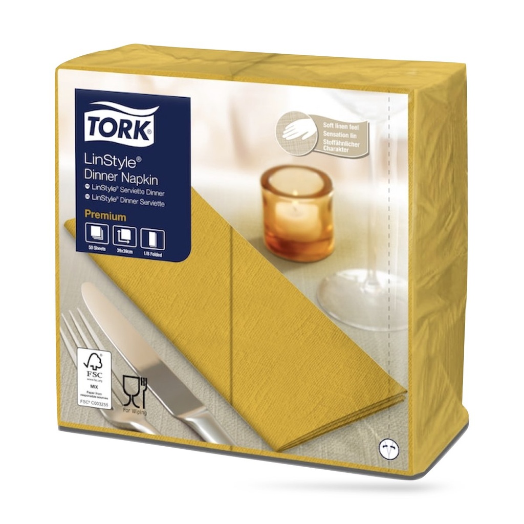Tork LinStyle textilhatású szalvéta 39 x 39 cm-es 1/8-os 1 r. 50 lapos mustár