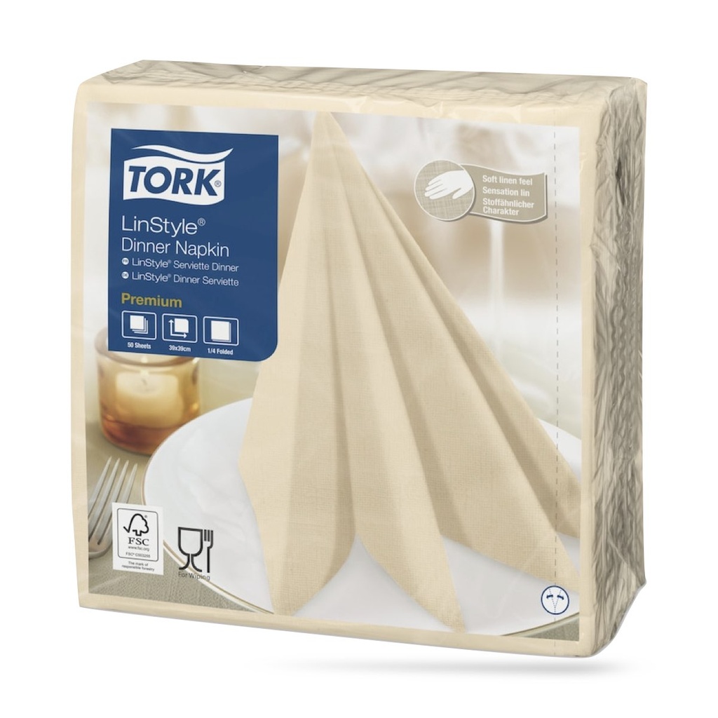 Tork LinStyle textilhatású szalvéta 39 x 39 cm-es cm-es 1 r. 50 lapos krém