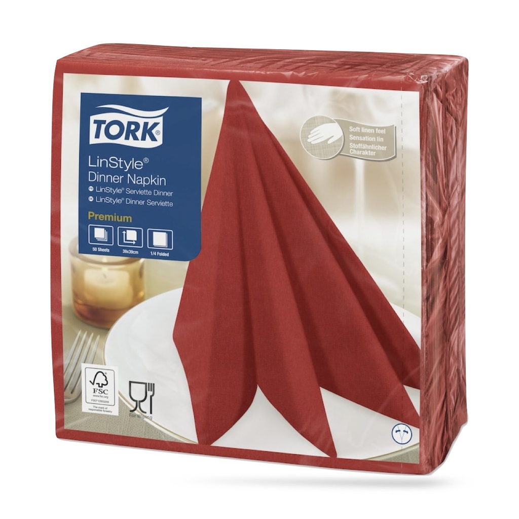 Tork LinStyle textilhatású szalvéta 39 x 39 cm-es cm-es 1 r. 50 lapos piros