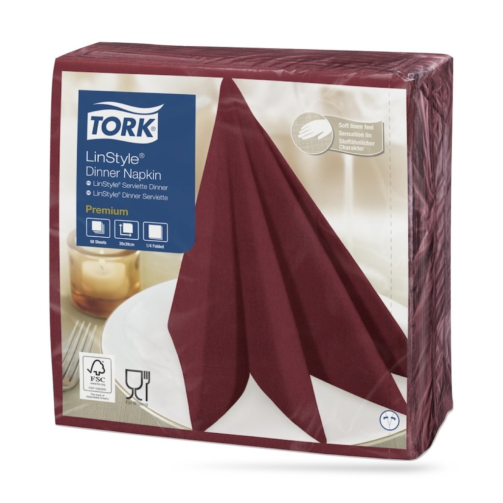 Tork LinStyle textilhatású szalvéta 39 x 39 cm-es cm-es 1 r. 50 lapos bordó