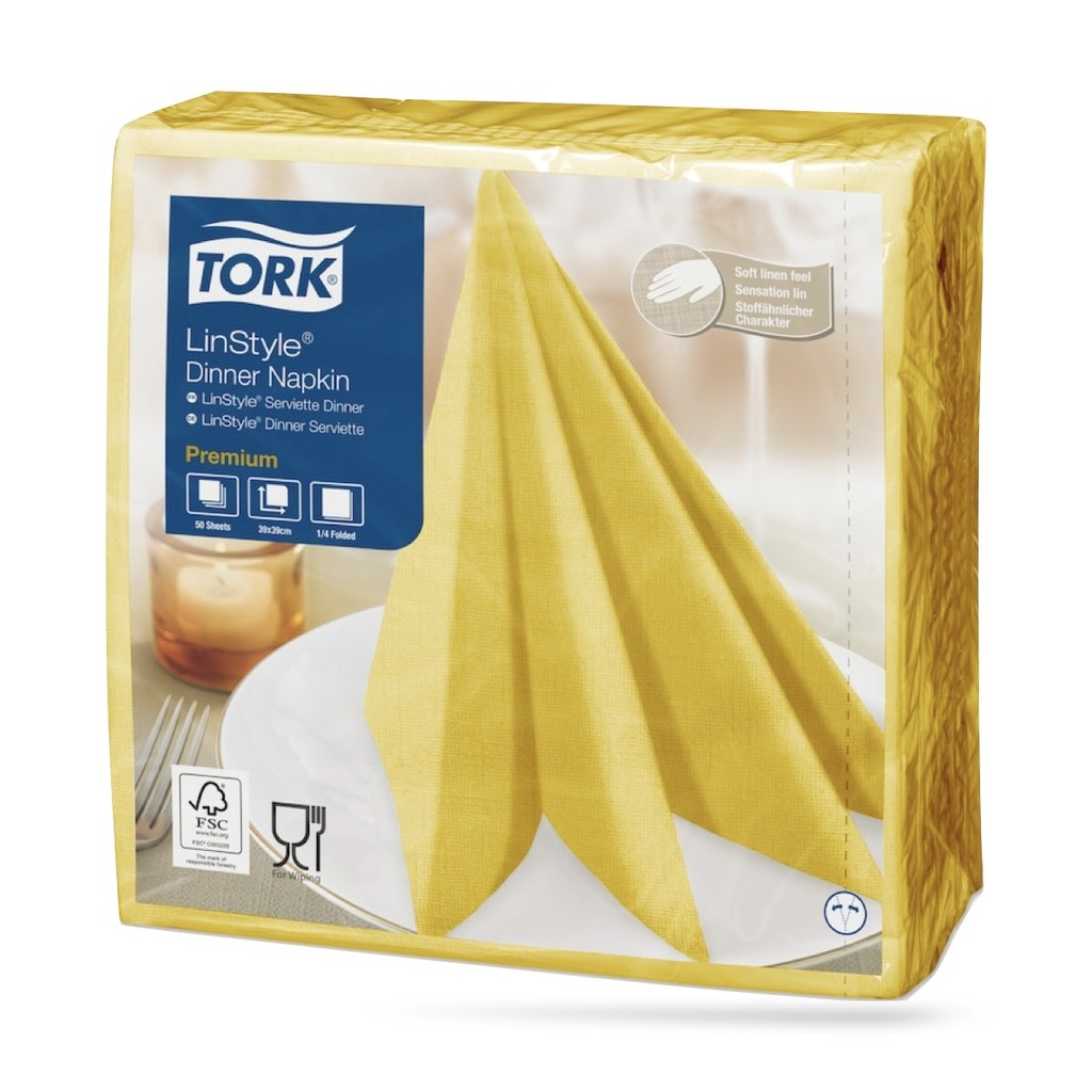 Tork LinStyle textilhatású szalvéta 39 x 39 cm-es cm-es 1 r. 50 lapos mustár