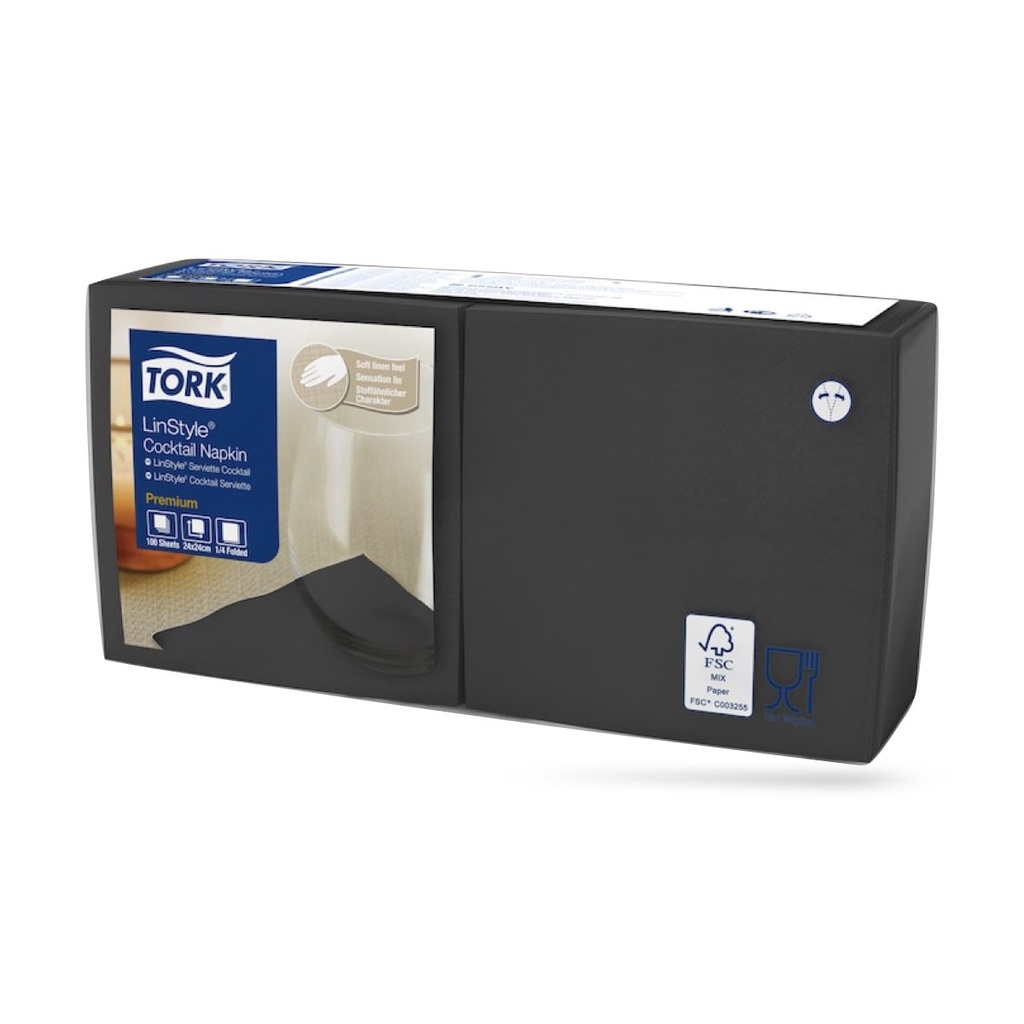 Tork LinStyle textilhatású koktélszalvéta 24 x 24 cm-es 1 r. 100 lapos fekete